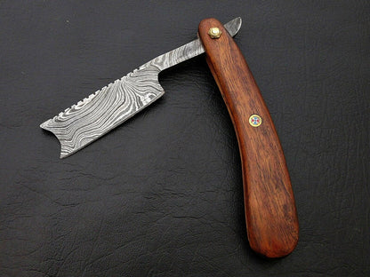 CUSTOM HANDMADE DAMASCUS STEEL BARBER FOLDING RAZOR ROSE WOOD HANDLE WITH POUCH - SUSA KNIVES