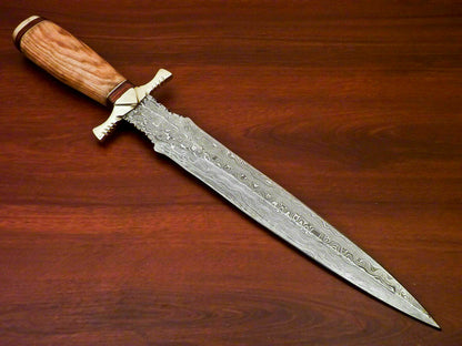 Custom Handmade Damascus Steel Dagger Knife | Sheath | Natural Olive Wood Handle - SUSA KNIVES