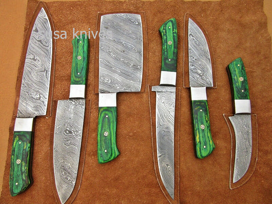 CUSTOM HANDMADE DAMASCUS STEEL CHEF SET/KITCHEN KNIVES 6 PCS ,GREEN MICARTA - SUSA KNIVES