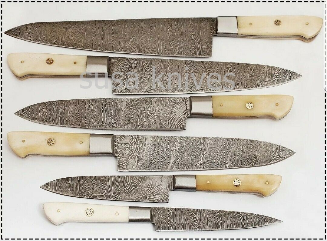 Custom Handmade Damascus Steel Beautiful 6 Pcs. Kitchen Knives Set-Bone - SUSA KNIVES