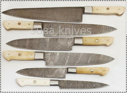 Custom Handmade Damascus Steel Beautiful 6 Pcs. Kitchen Knives Set-Bone - SUSA KNIVES
