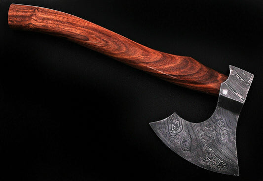 CUSTOM HAND FORGED DAMASCUS STEEL WALNUT WOOD TOMAHAWK AXE WITH LEATHER SHEATH - SUSA KNIVES
