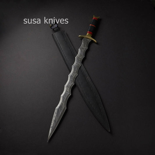 CUSTOM HANDMADE 28.5inches DAMASCUS STEEL KRIS BLADE SWORD WITH LEATHER SHEATH - SUSA KNIVES