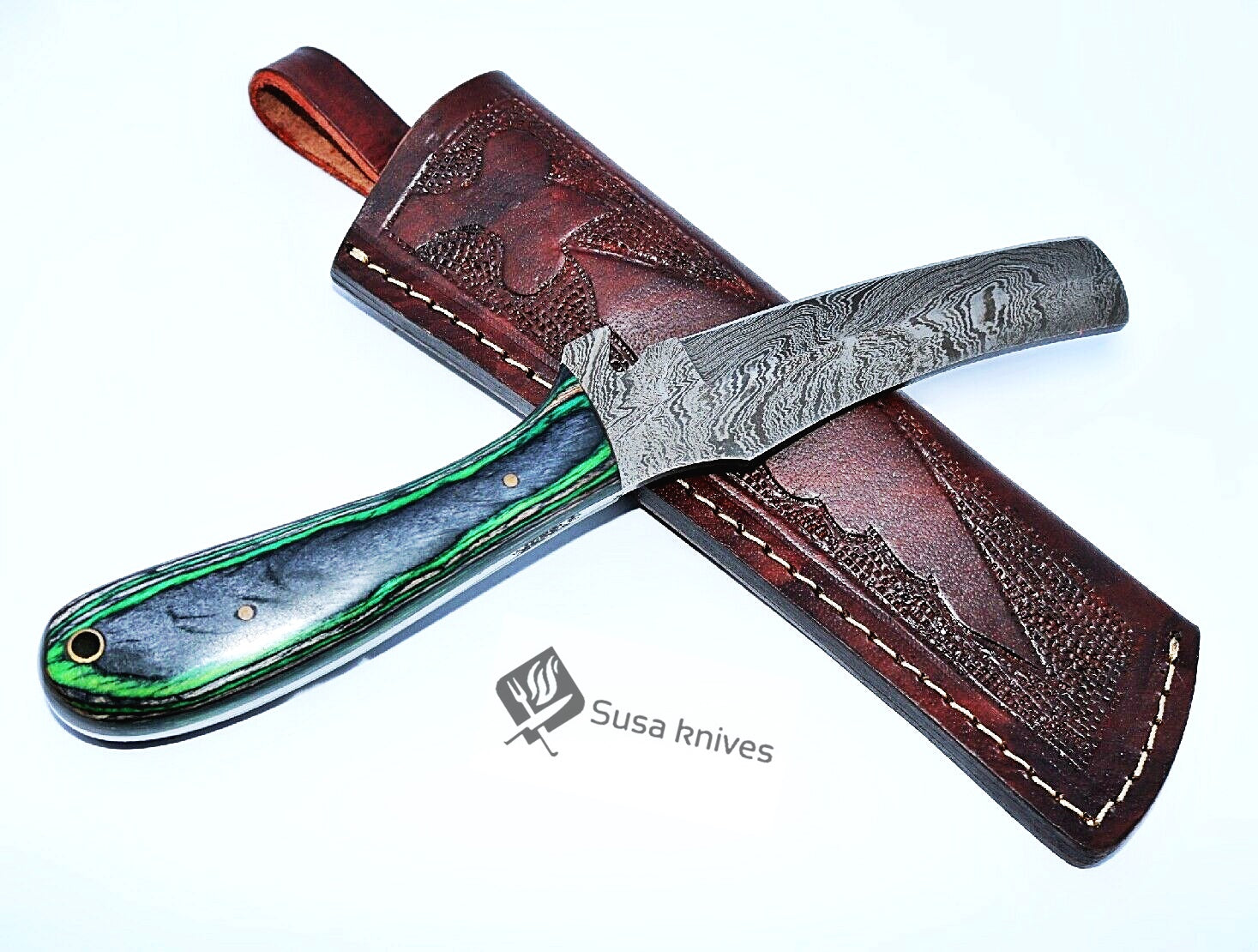 HAND FORGED DAMASCUS STEEL BULL CUTTER/COWBOY KNIFE & PUKKA WOOD HANDLE - SUSA KNIVES